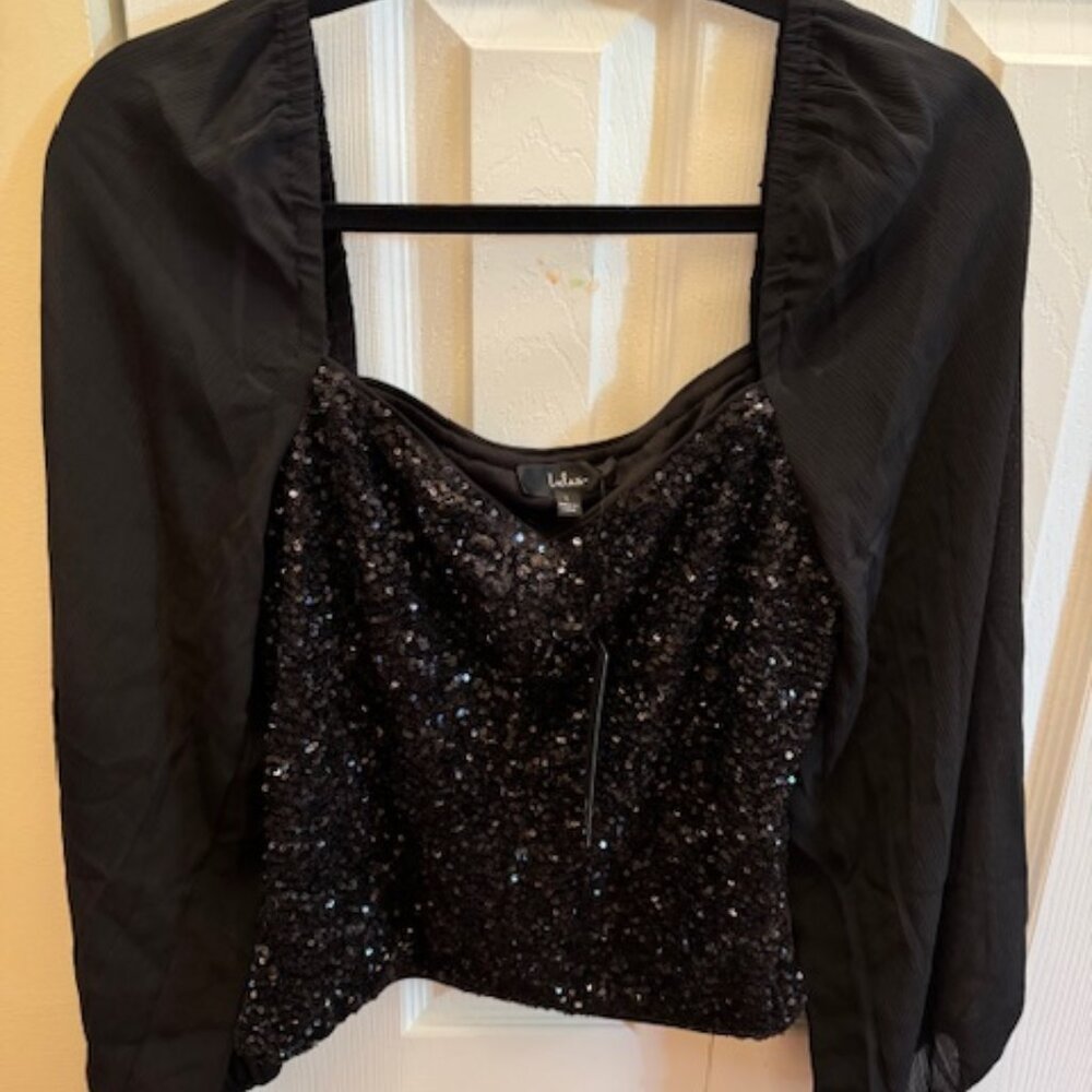 LuLus Beautiful Brilliance Black Sequin Long Sleeve Top